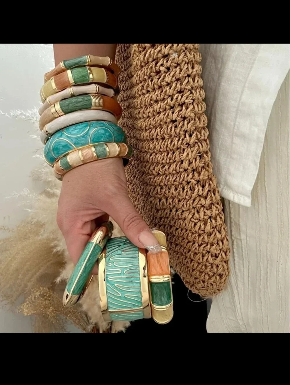 Gold-Tone Enamel Stackable Bangle Bracelets - Green & Cream